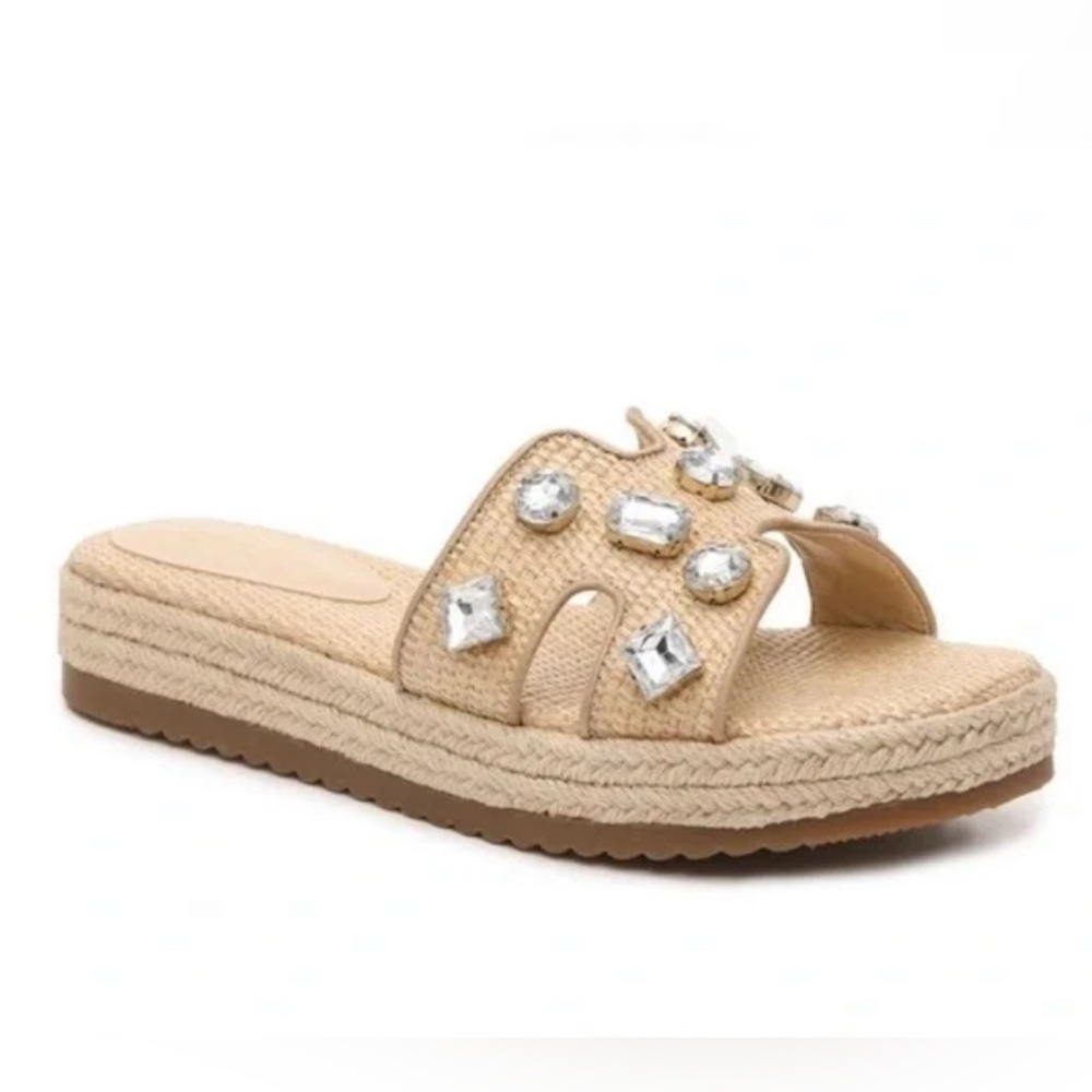 Jessica Simpson Danalea Natural Beige Raffia Embellished Slide Sandals